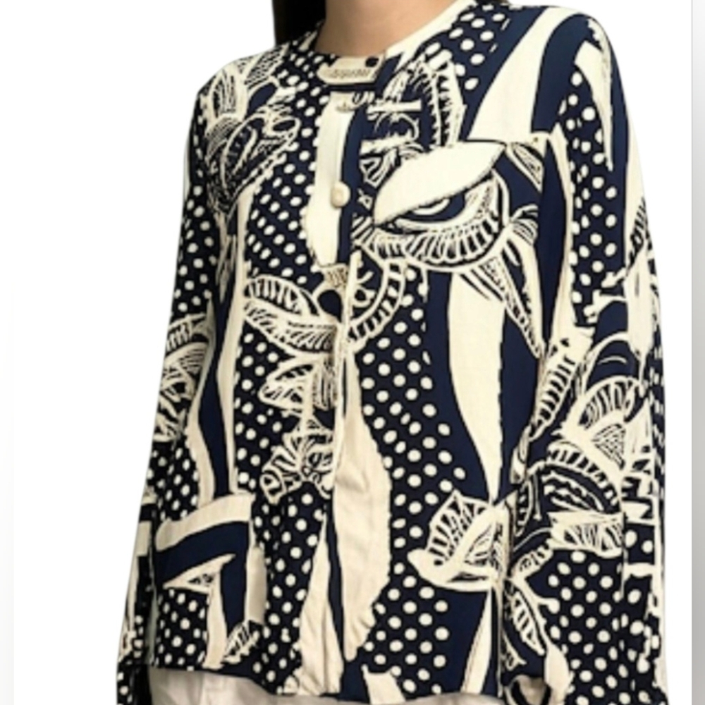 Richards Vtg Made UK Navy Cream Art Wearable Art Lagenlook Button Blouse SZ 14